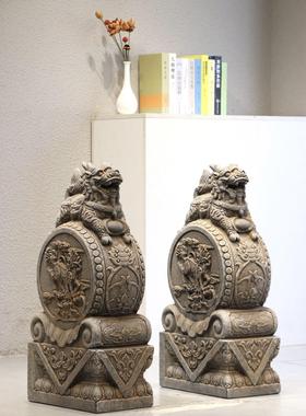 石雕门墩青石彷古做旧抱鼓石一对门口招财麒麟石门鼓家用石墩摆件