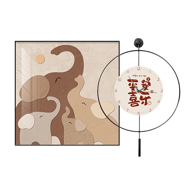 速发餐厅装饰画现代轻奢餐桌挂钟钟表挂画高级感大象饭厅背景墙壁