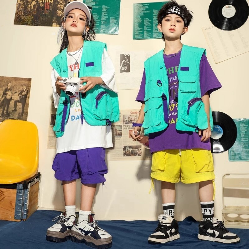 速发街舞儿童潮服男孩嘻哈多巴胺马甲套装少儿hiphop宽松演出服夏