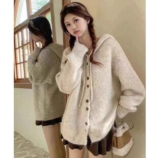 速发杏色连帽开衫毛衣外套软糯温柔风宽松遮肚别致绝美针织上衣