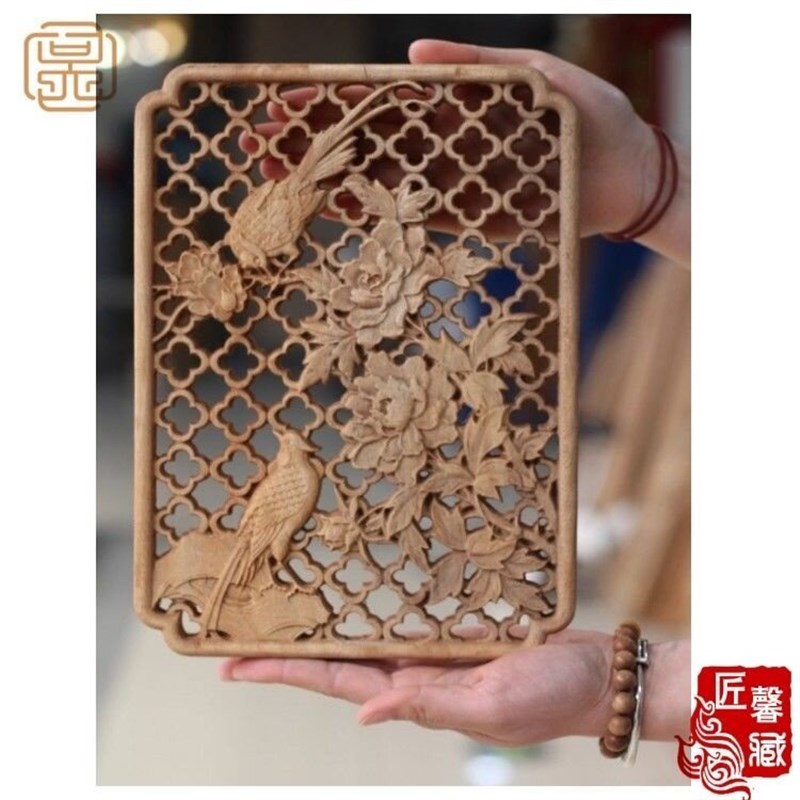速发四季花鸟香樟木窗贴花木雕壁挂装饰玄关走廊过道背景墙新中式