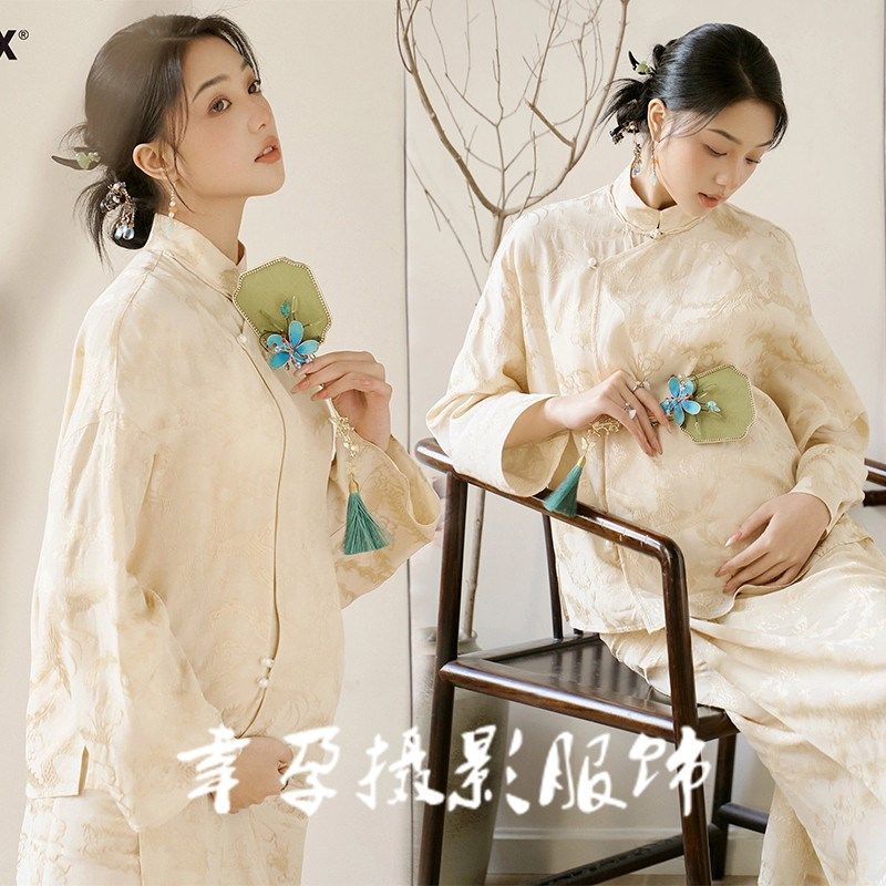 速发新款孕妇拍照服装影楼新中式复大旗袍温柔气质孕妈古肚照摄影