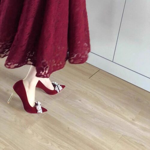速发不累脚中式婚鞋红色新娘鞋单鞋秀禾服蝴蝶结珍珠敬酒服新款高