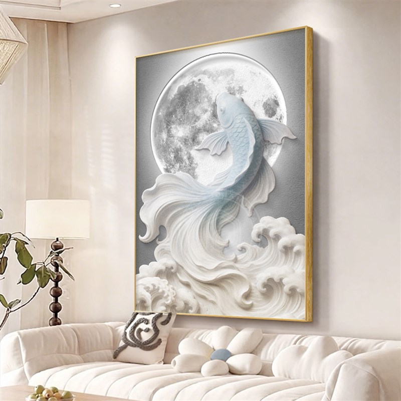 速发立体锦鲤客厅落地画轻奢入户玄关背景墙装饰画走廊过道高级感