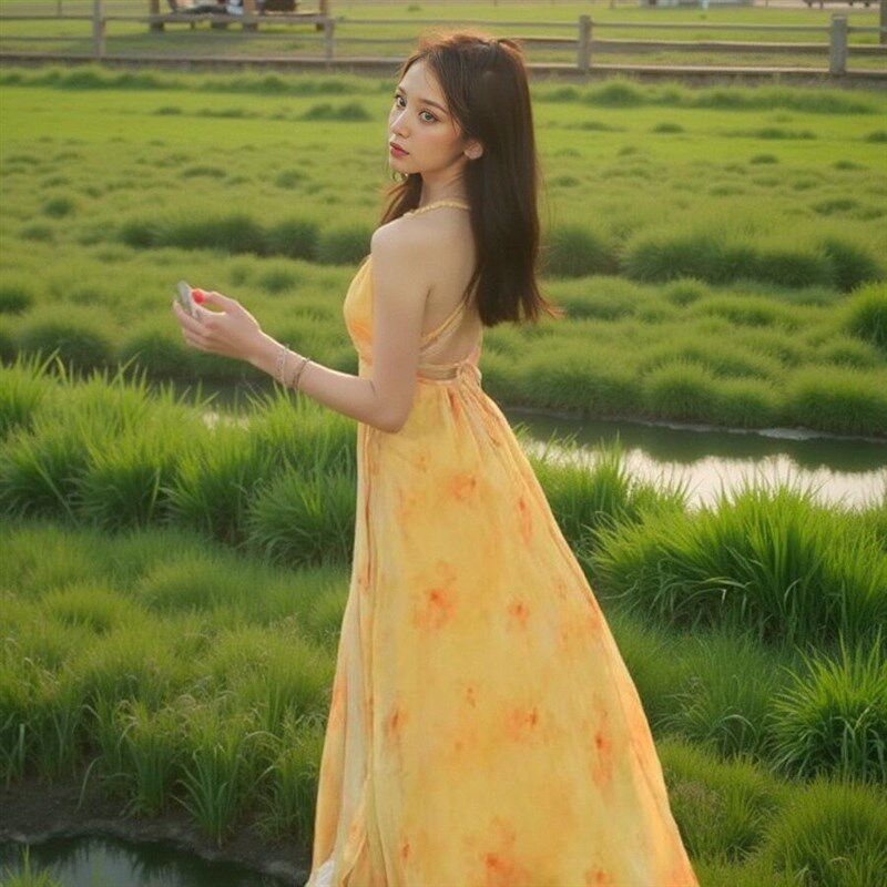 速发海边拍照绝美连衣裙度假风光露背吊带夏日旅行三亚沙滩裙长裙