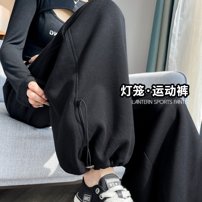 速发黑色运动裤春2024新脚高腰宽松两穿笼腿休闲束款灯阔卫裤子