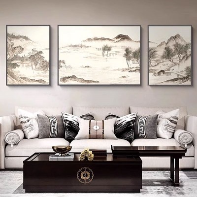 速发湖山春暖图客厅三联装饰画新中式茶室山水风景壁画包间背景墙