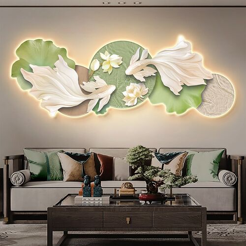 速发锦鲤戏荷花客厅装饰画现代简约沙发背景墙挂画轻奢高级感灯画