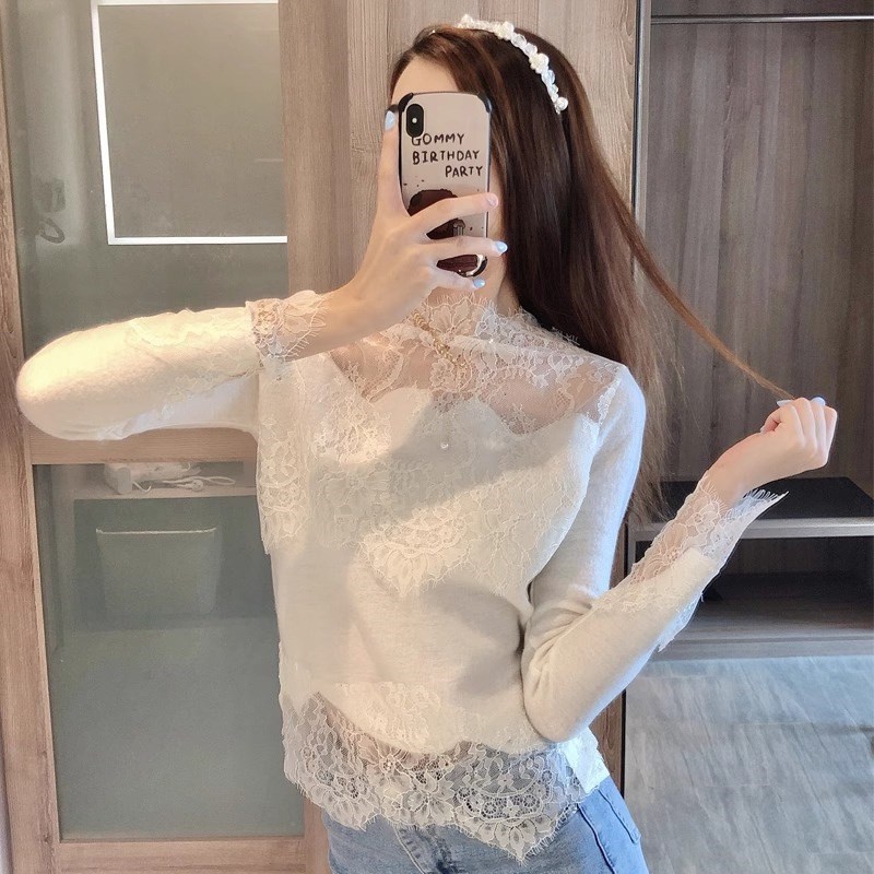 速发清纯性感高领网纱小衫别致漂亮蕾丝拼接内搭针织打底衫高级感