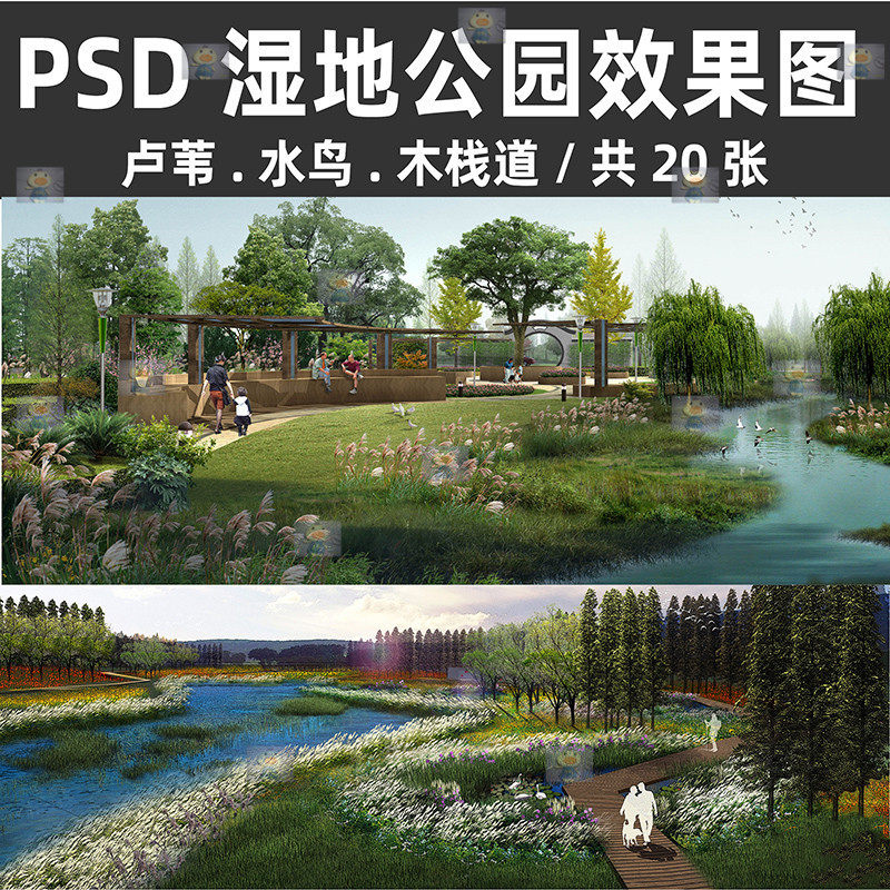 湿地公园ps景观效果图滨河木栈道芦苇水鸟水生植物psd分层素材