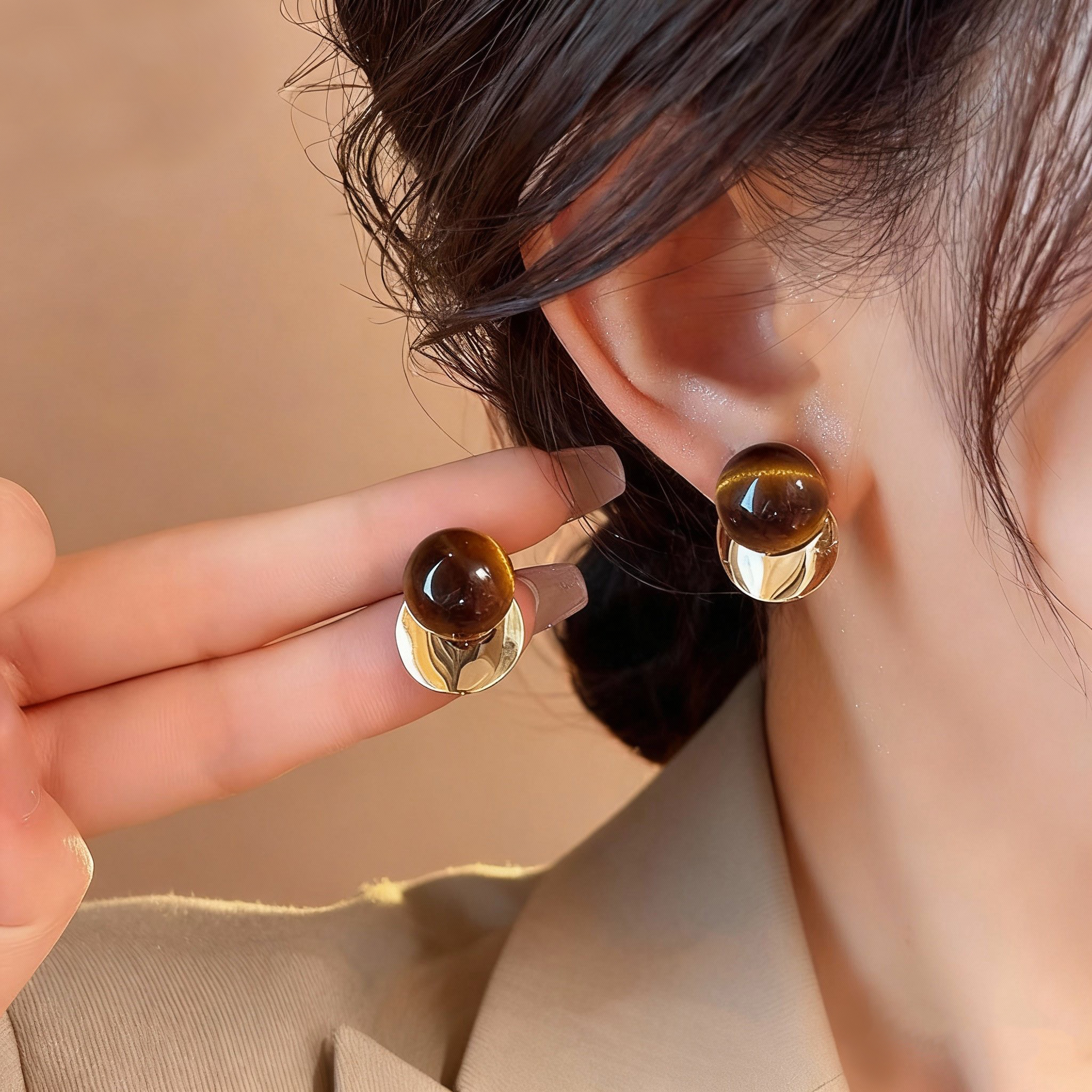 秋冬百搭美拉德虎眼石耳钉高级感