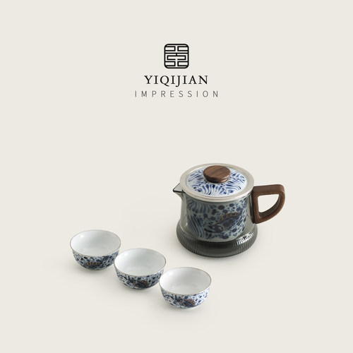 一器间鎏银青花鱼藻纹玻璃壶一壶二杯旅行功夫茶具套组可携式高档