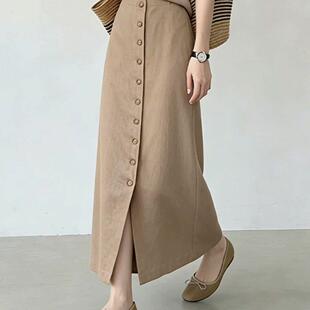 卡其色半身裙女2026秋新款通勤高腰单排扣开叉优雅风轻熟长裙兔毛