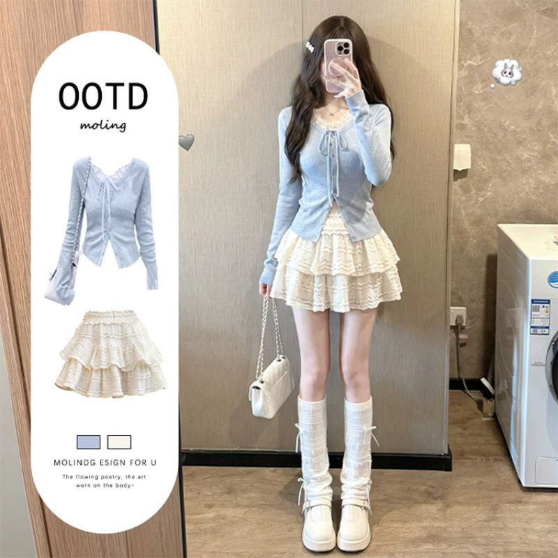 韩系chic纯欲风假两件针织上衣女秋季一整套穿搭高级感miu系短裙