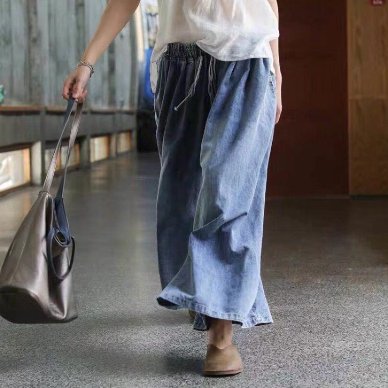 外贸品质原单宽松大码灯笼牛仔裤女2026年新款阔腿显瘦七分裙裤女