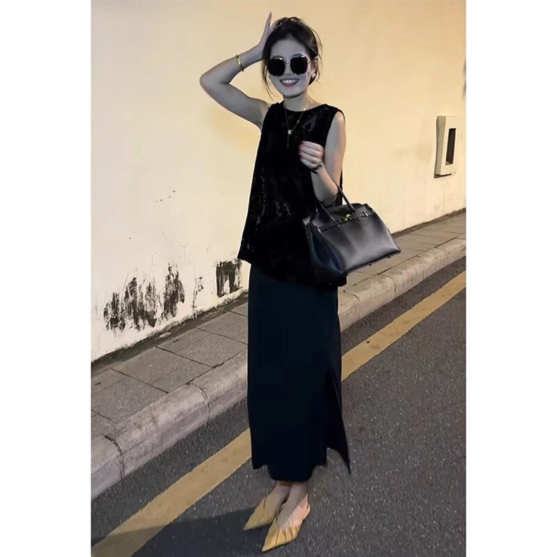 时尚气质名媛两件套设计感后开叉无袖上衣高腰开叉半身裙夏季套装