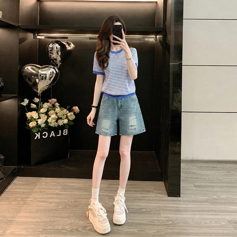 韩系高知穿搭一整套女夏高级感条纹短袖针织衫破洞牛仔5分裤套装