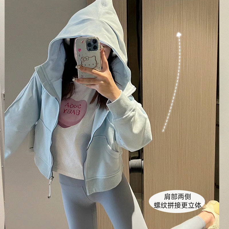早秋短款外套女2026新款秋季连帽卫衣小个子韩系高腰蓝色上衣开衫