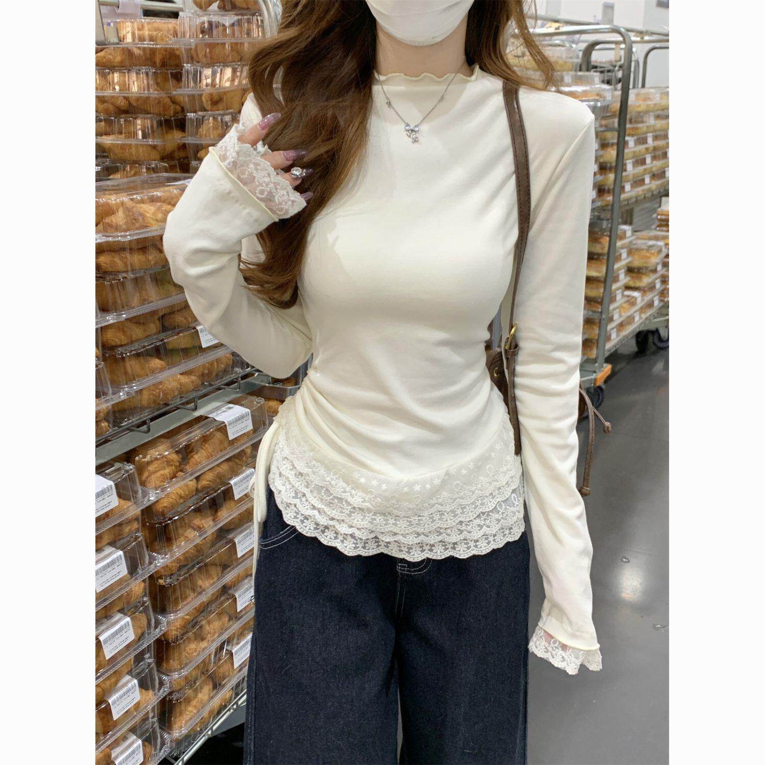 浅杏色花边半高领磨毛长