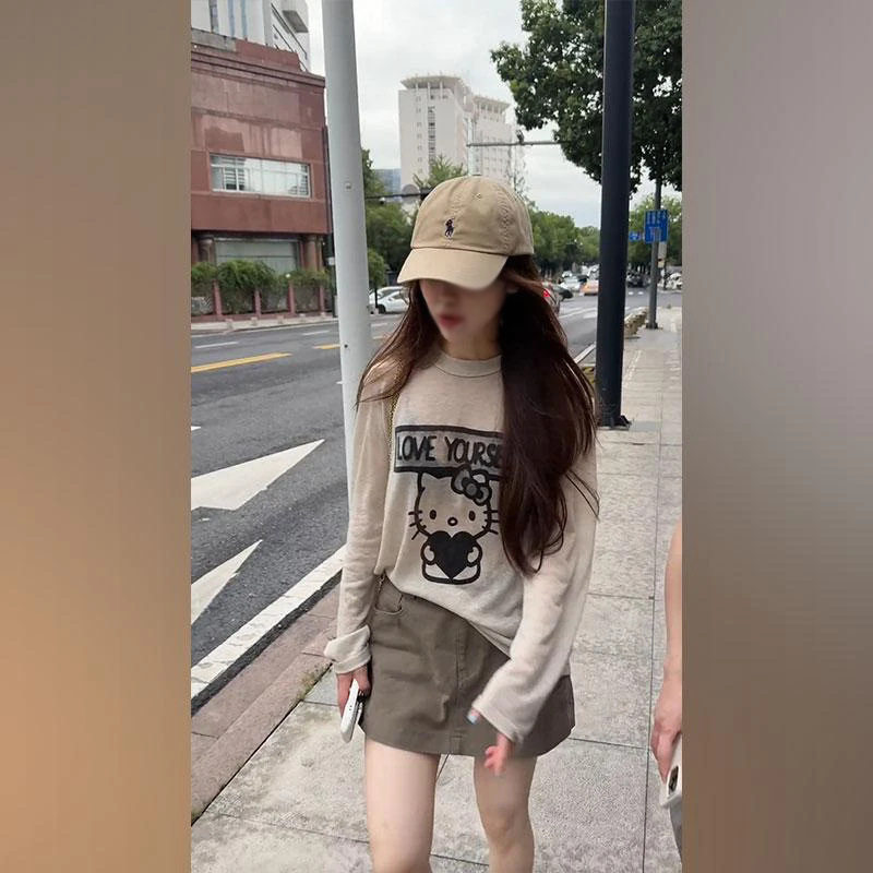 韩系早秋新款时尚印花长袖薄款T恤上衣显瘦百搭小众短裙气质套装