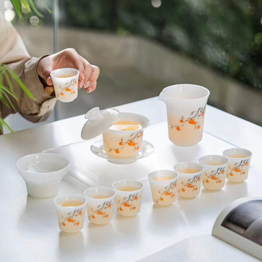 高档冰种璞玉瓷茶具套装简约家用白瓷盖碗泡茶杯整套商务轻奢礼品