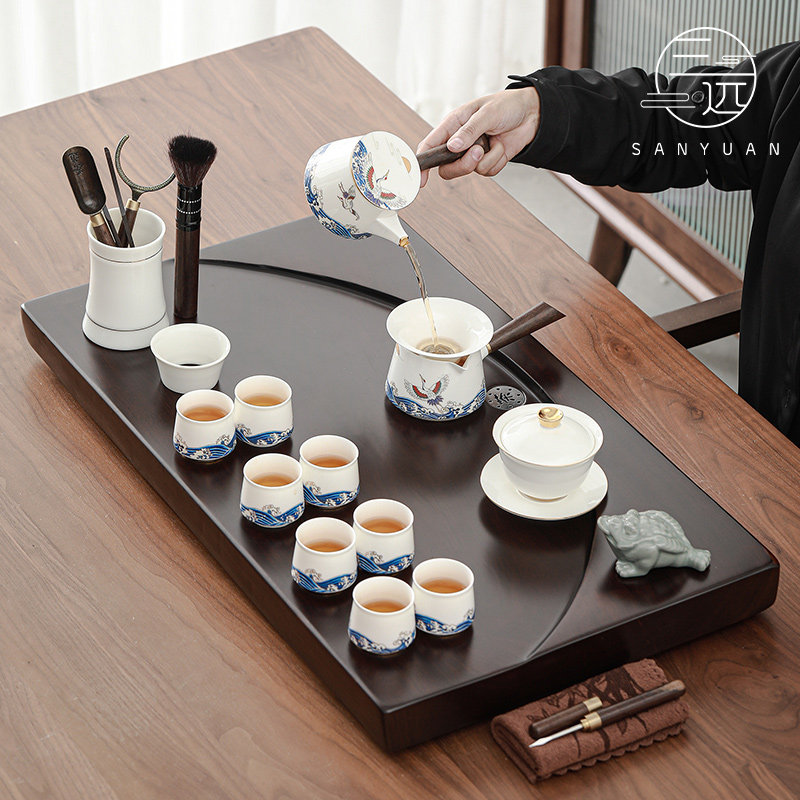 三远月牙黑檀实木茶盘功夫茶具套装家用办公室会客客厅泡茶杯茶台