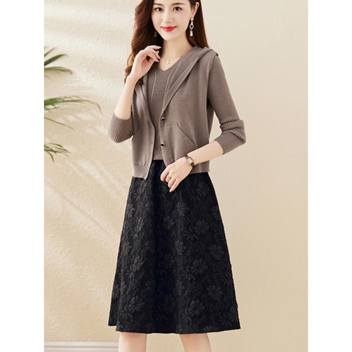 ROUMIKL2025新款秋冬连衣裙女两件套女装针织气质宽松洋气裙子宽