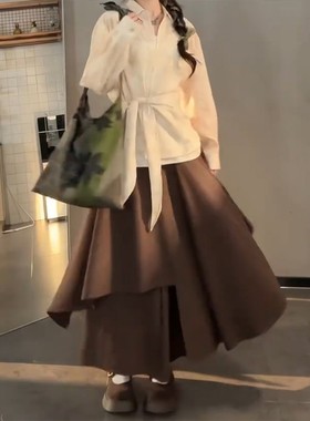 秋冬新款大码宽松灰色裙裤女设计感八分胖mm遮跨半身阔腿休闲裤裙