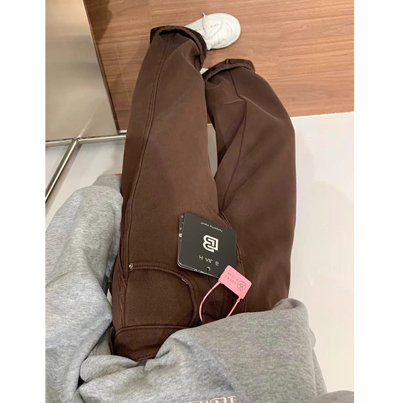 棕咖色加绒阔腿牛仔裤女冬季新款大码宽松显瘦胖mm直筒拖地弯刀裤