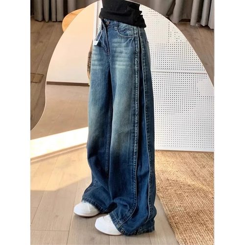 复古高腰阔腿垂感牛仔裤女