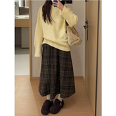 高腰宽松毛呢格子半身裙女中长款 大码 秋冬棕色梨型身材伯克利裙子
