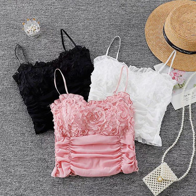 蕾丝立体玫瑰花朵褶皱吊带背心女