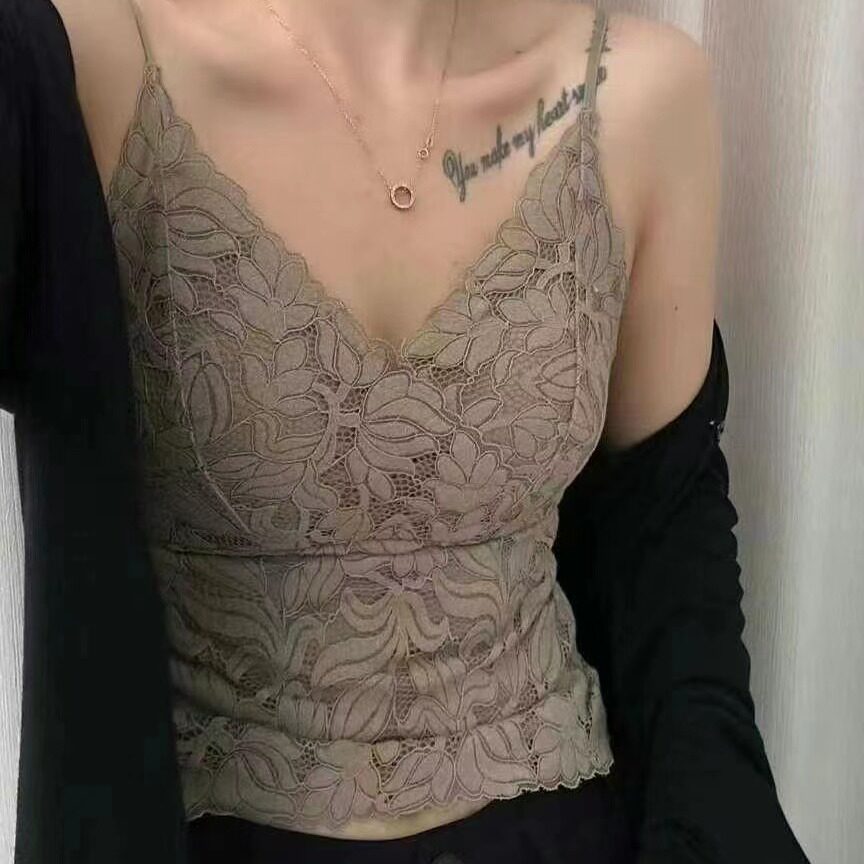 纯欲蕾丝花边细肩带美背吊带背心女带胸垫内搭显瘦固定杯甜辣上衣