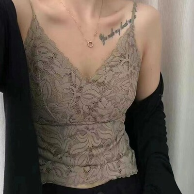 纯欲蕾丝花边细肩带美背吊带背心女带胸垫内搭显瘦固定杯甜辣上衣