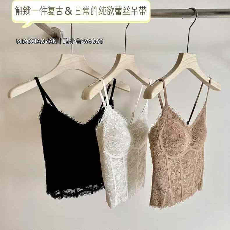 纯欲蕾丝碎花复古美背吊带背心女带胸垫性感甜辣百搭修身打底上衣