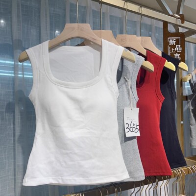 纯棉方领长款背心内衣女带胸垫一体无钢圈文胸收副乳打底吊带上衣