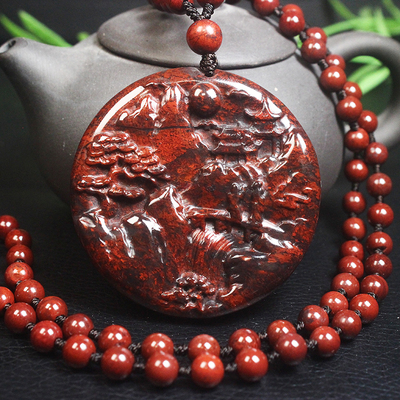 正品桂林鸡血玉山水牌吊坠项链鸡血石挂件天然玉石A货带证书男女