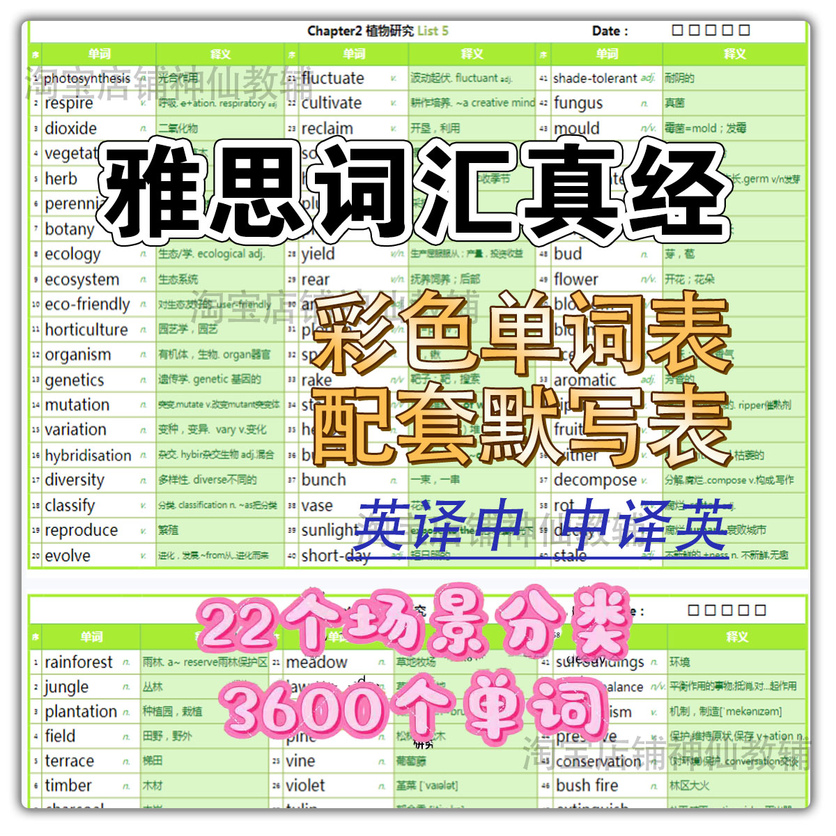 雅思彩色词汇表list1-56分类雅思词汇真经单词表中译英英译中默写