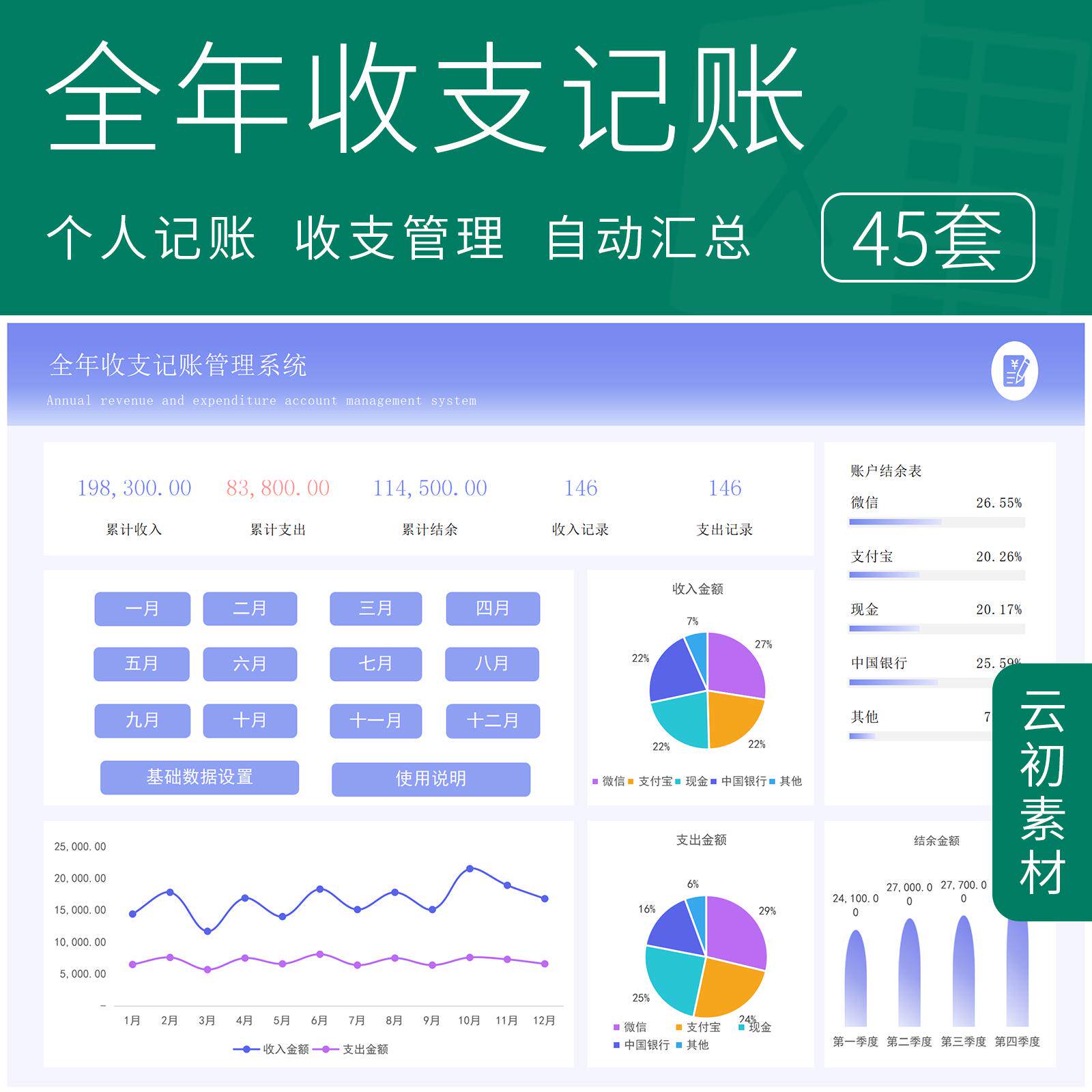 财务会计记账管理系统Excel表格模板家庭个人全年收支明细表统计