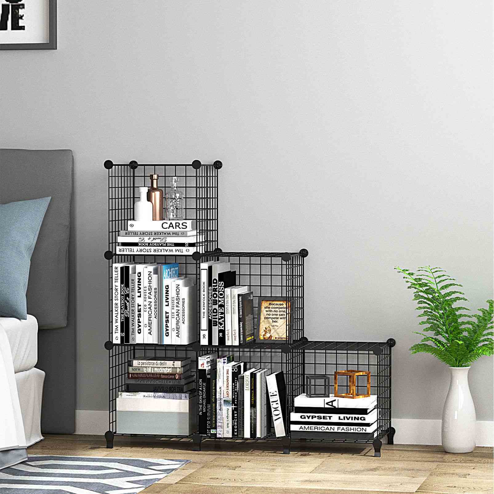 黑色铁网置物架简易书架6格储物柜 金属丝网书架模块化衣柜储物架