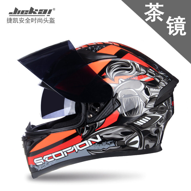 捷凯电动摩托车头盔男女全盔覆式炫酷四季犄角机车赛车安全帽