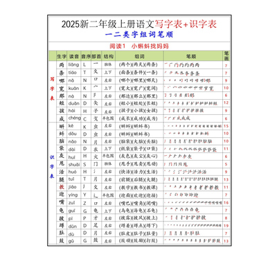 二年级上册语文写字表识字表笔顺二上语文写字表纸质版30页（B127