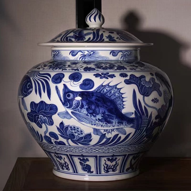 有茶有器景德镇陶人临古手绘仿元青花鱼藻纹大罐手工陶瓷大将军罐