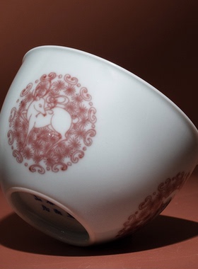 有茶有器景德镇谷雨山房尹曰手绘釉里红瑶光白鹿云坞杯名家主人杯