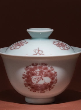 有茶有器景德镇谷雨山房尹曰手绘釉里红瑶光白鹿安素盖碗名家茶具