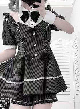 氛围元气罗曼琴弦条纹蕾服长收腰量产型服大码蕾服国牌系带蕾丝