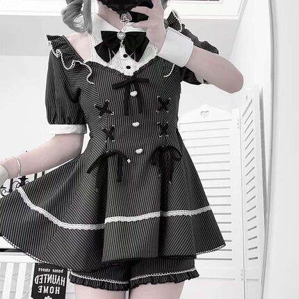 氛围元气罗曼琴弦条纹蕾服长收腰量产型服大码蕾服国牌系带蕾丝