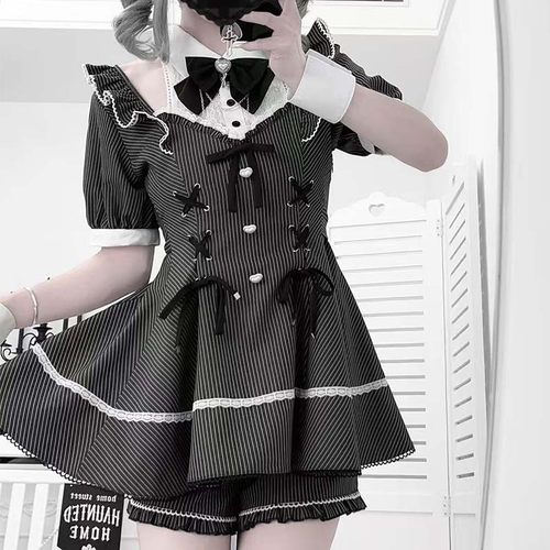 氛围元气罗曼琴弦条纹蕾服长收腰量产型服大码蕾服国牌系带蕾丝