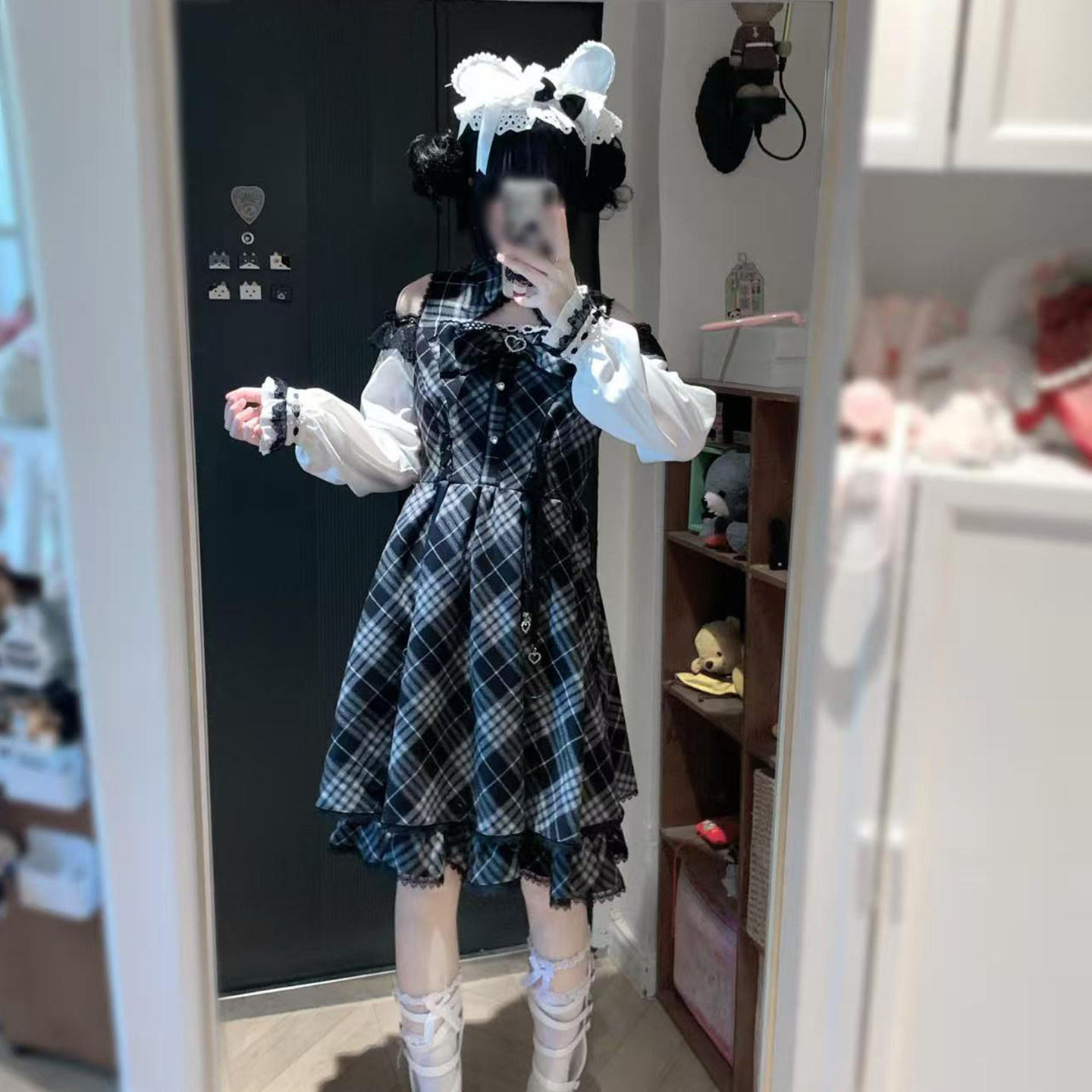 氛围元气【菱格心事】连衣裙蕾服Lolita连衣裙格子露肩蝴蝶结蕾丝