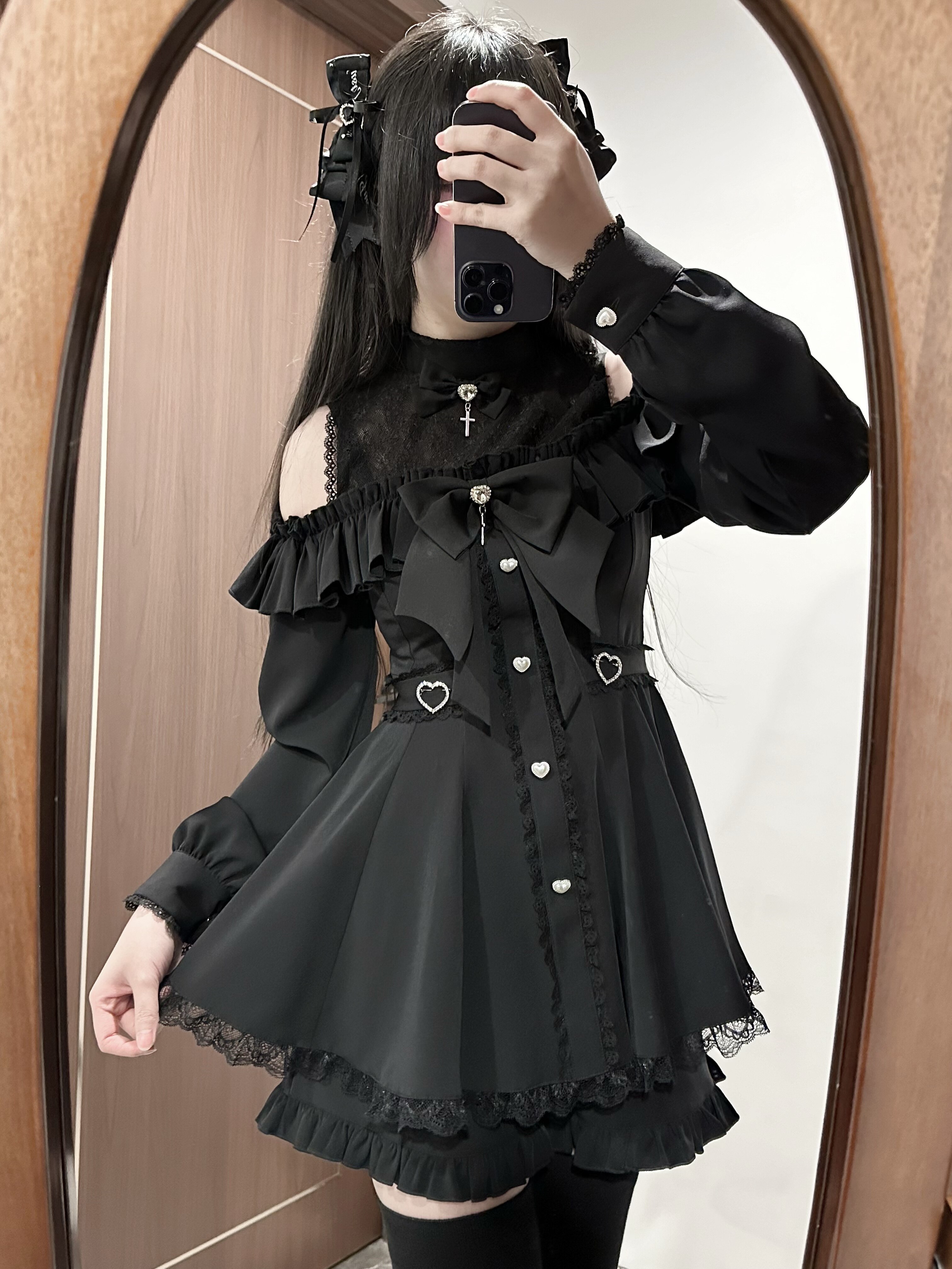 thumbnail for Atmosphere vitality [Galaxy Star] Japanese mass-produced off-the-shoulder lace panel long-sleeved dress